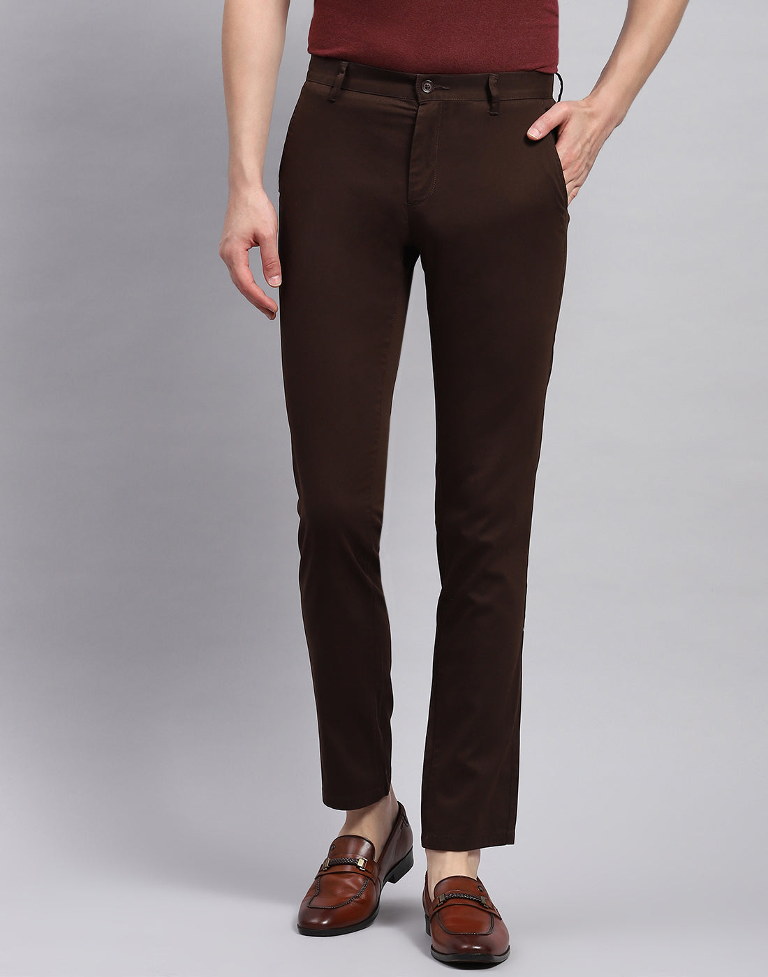 Men Brown Solid Regular Fit Trouser