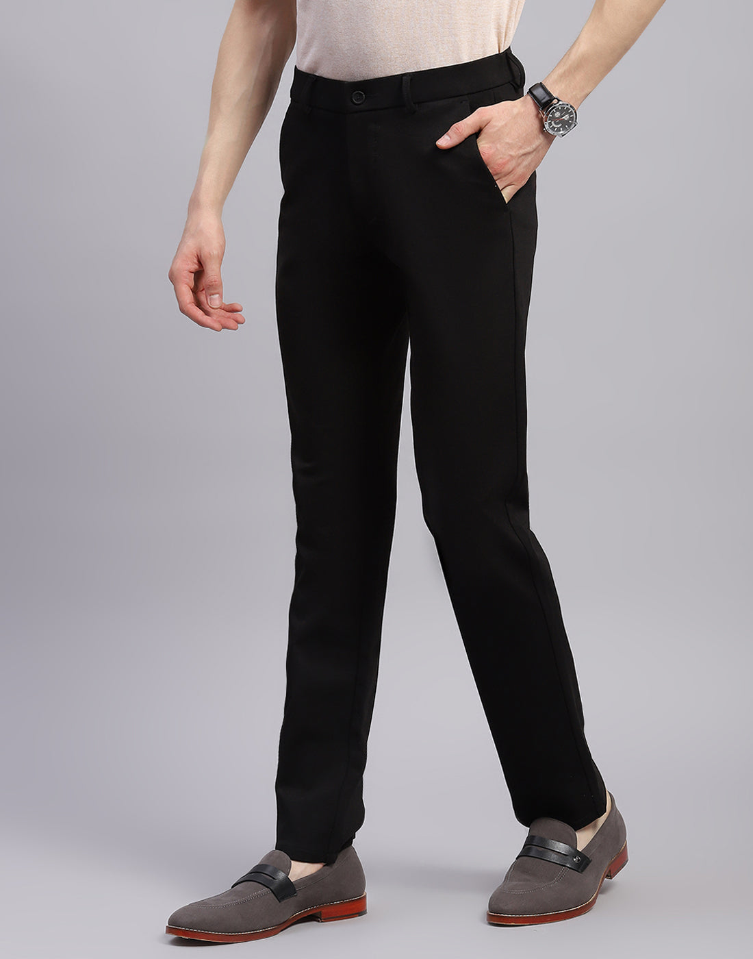 Men Black Solid Regular Fit Trouser