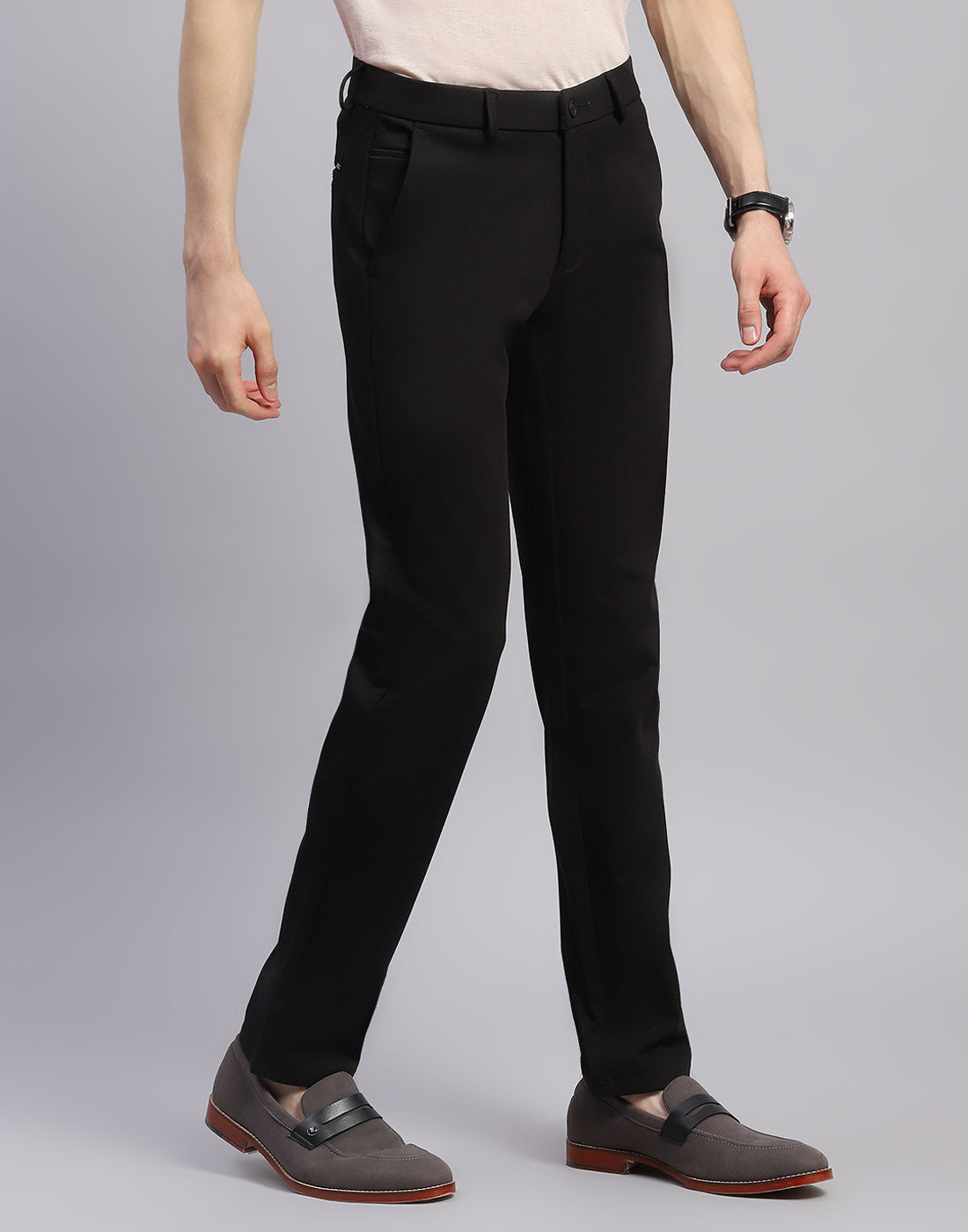 Men Black Solid Regular Fit Trouser