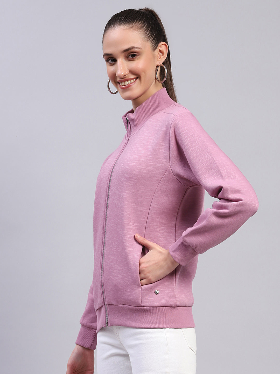Women Pink Solid Mock Neck Full Sleeve Sweatshirt