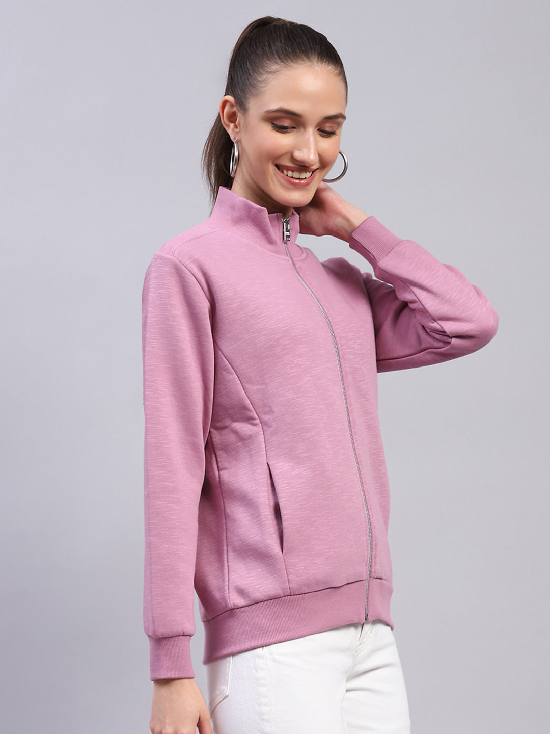 Women Pink Solid Mock Neck Full Sleeve Sweatshirt