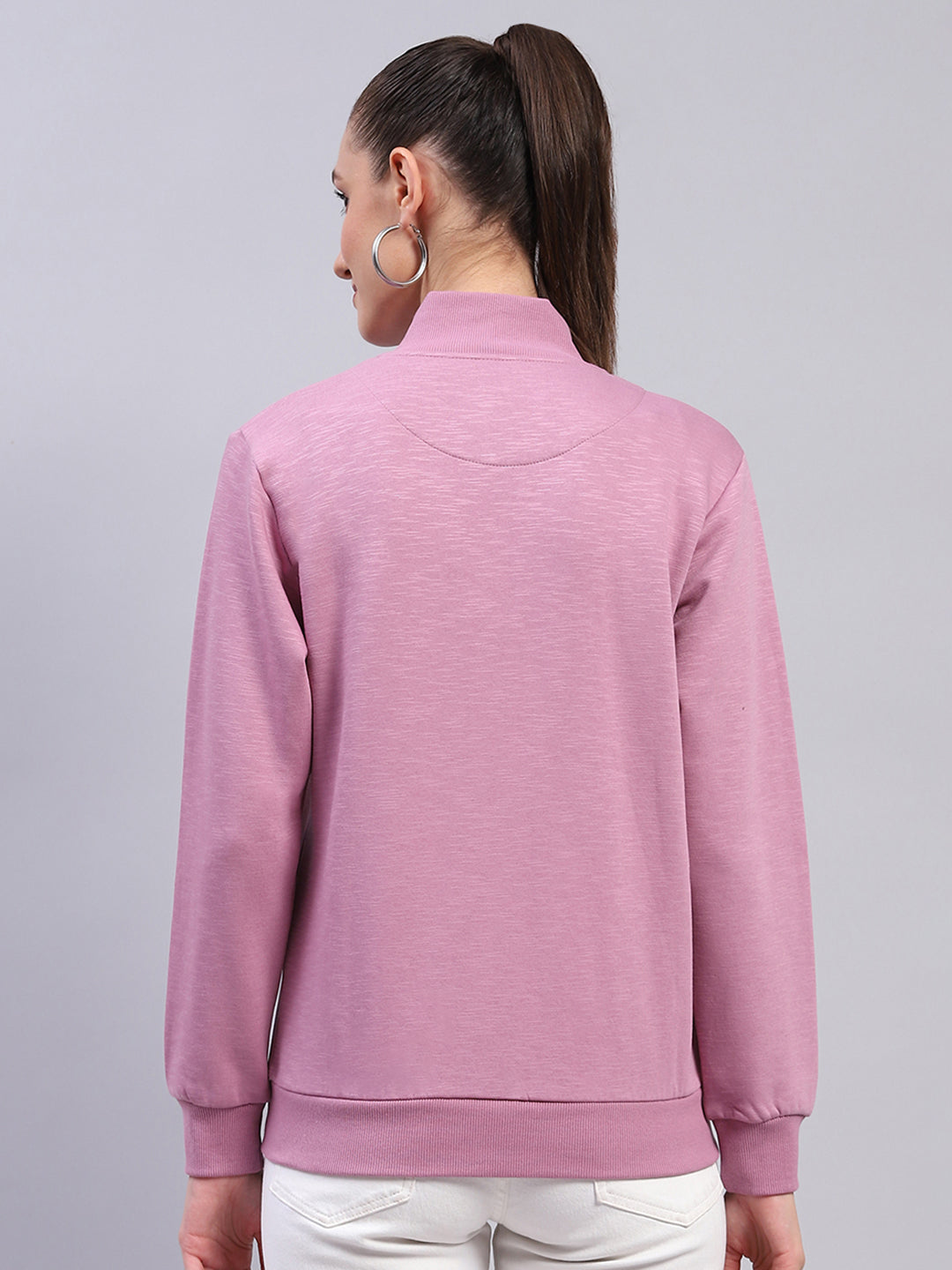 Women Pink Solid Mock Neck Full Sleeve Sweatshirt
