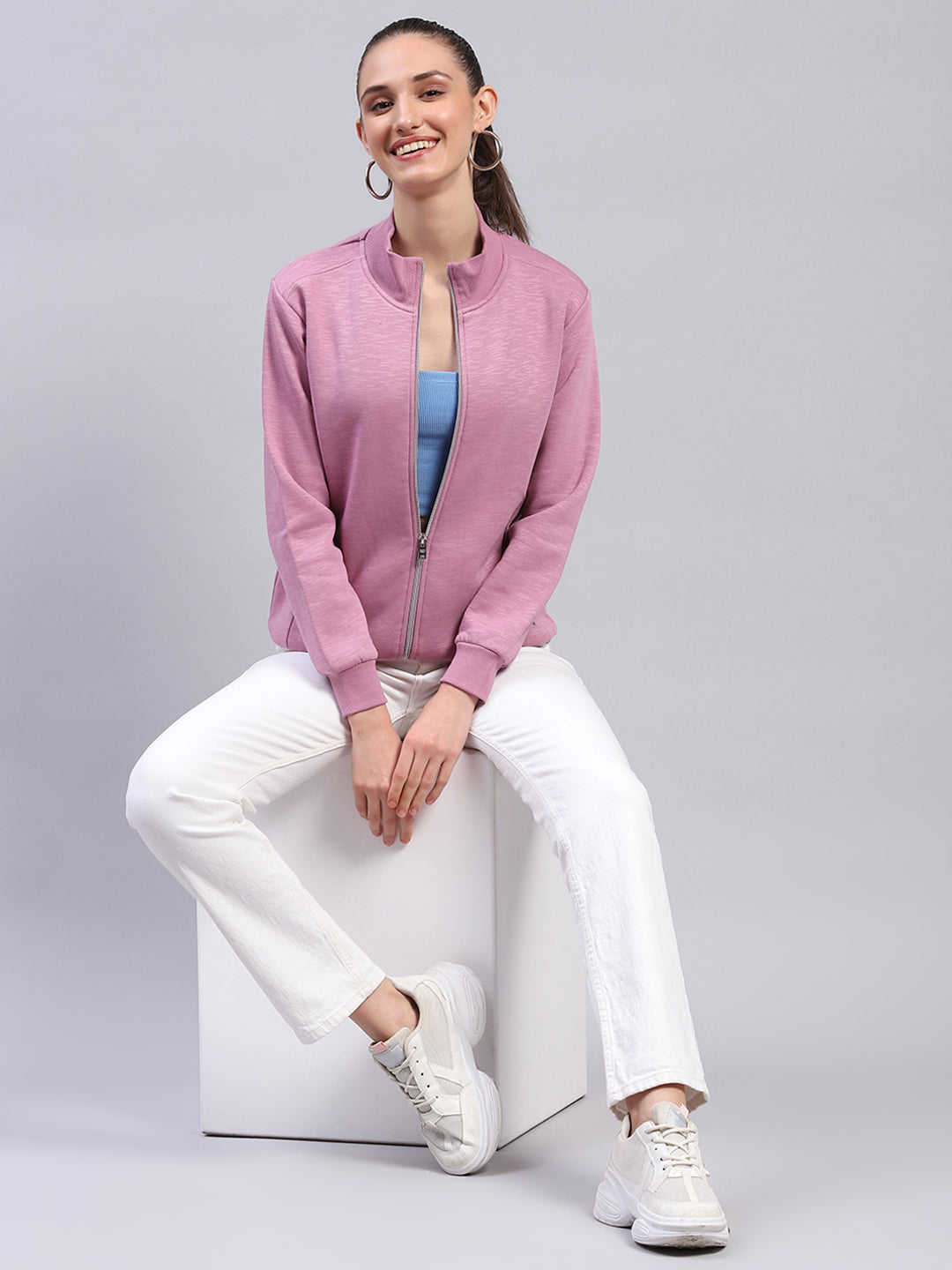 Women Pink Solid Mock Neck Full Sleeve Sweatshirt