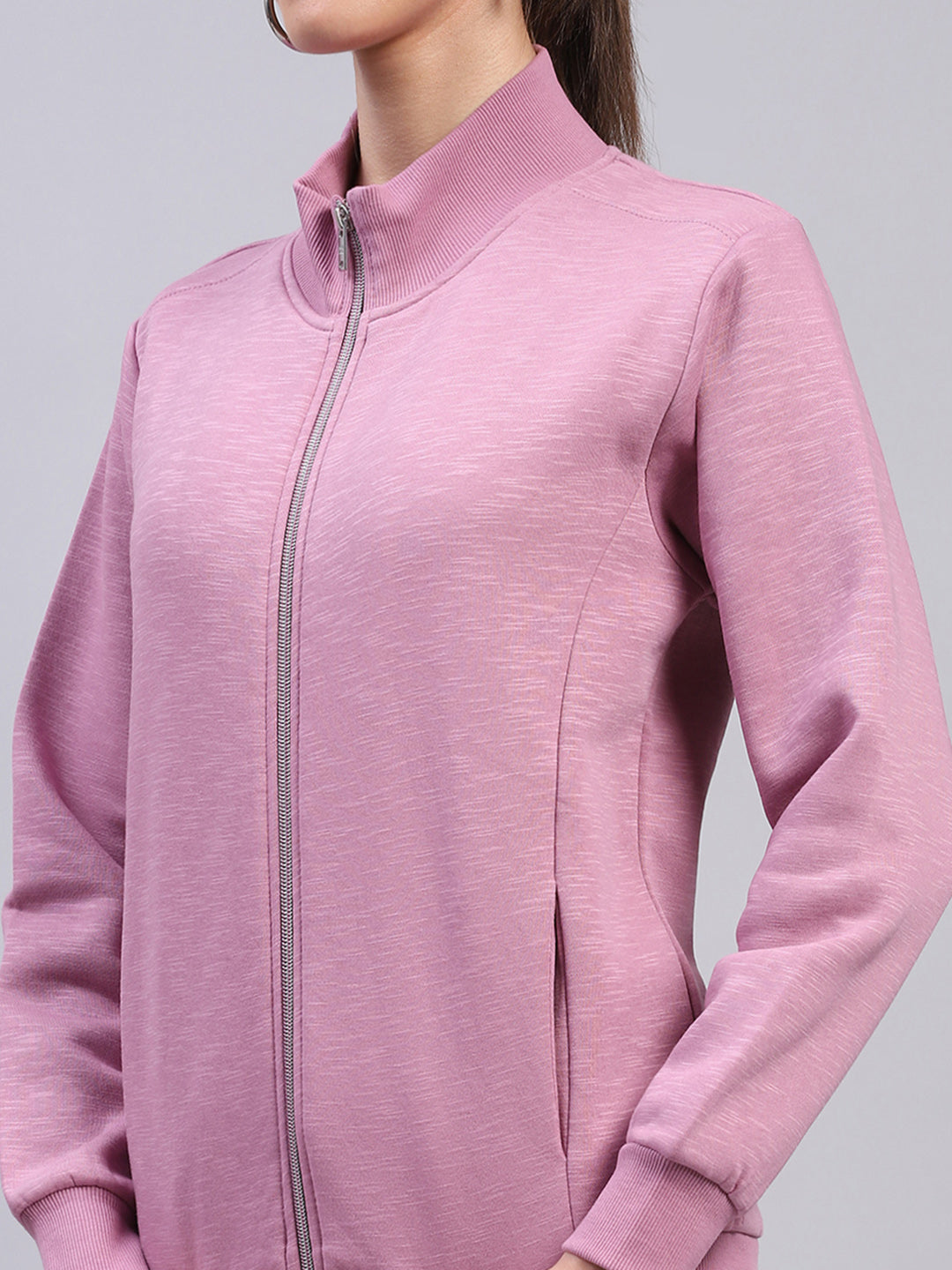 Women Pink Solid Mock Neck Full Sleeve Sweatshirt