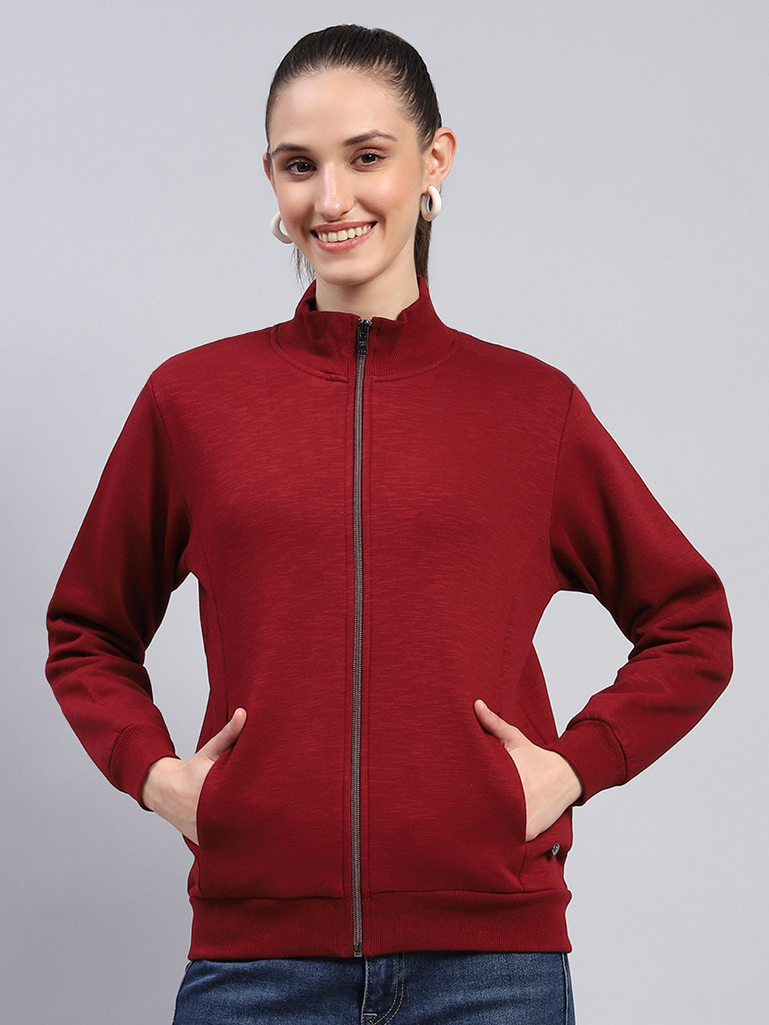 Women Maroon Solid Mock Neck Full Sleeve Sweatshirt