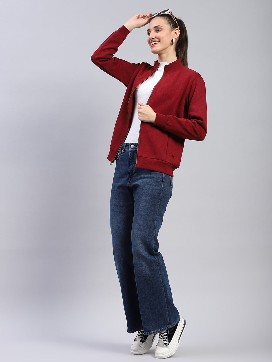 Women Maroon Solid Mock Neck Full Sleeve Sweatshirt