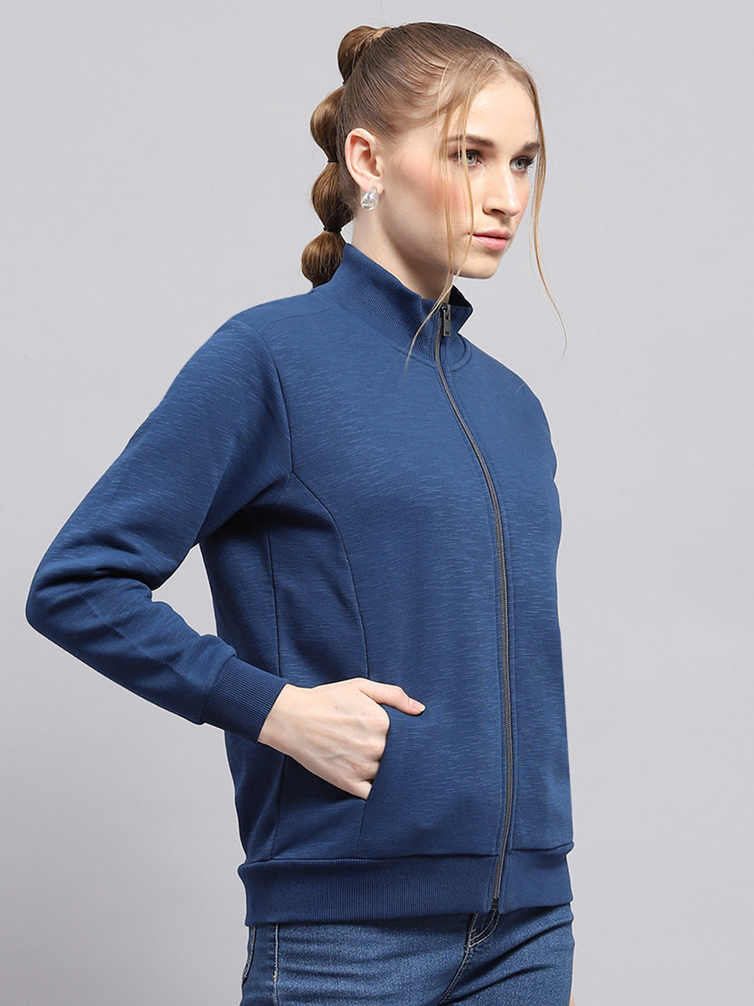 Women Blue Solid Mock Neck Full Sleeve Sweatshirt