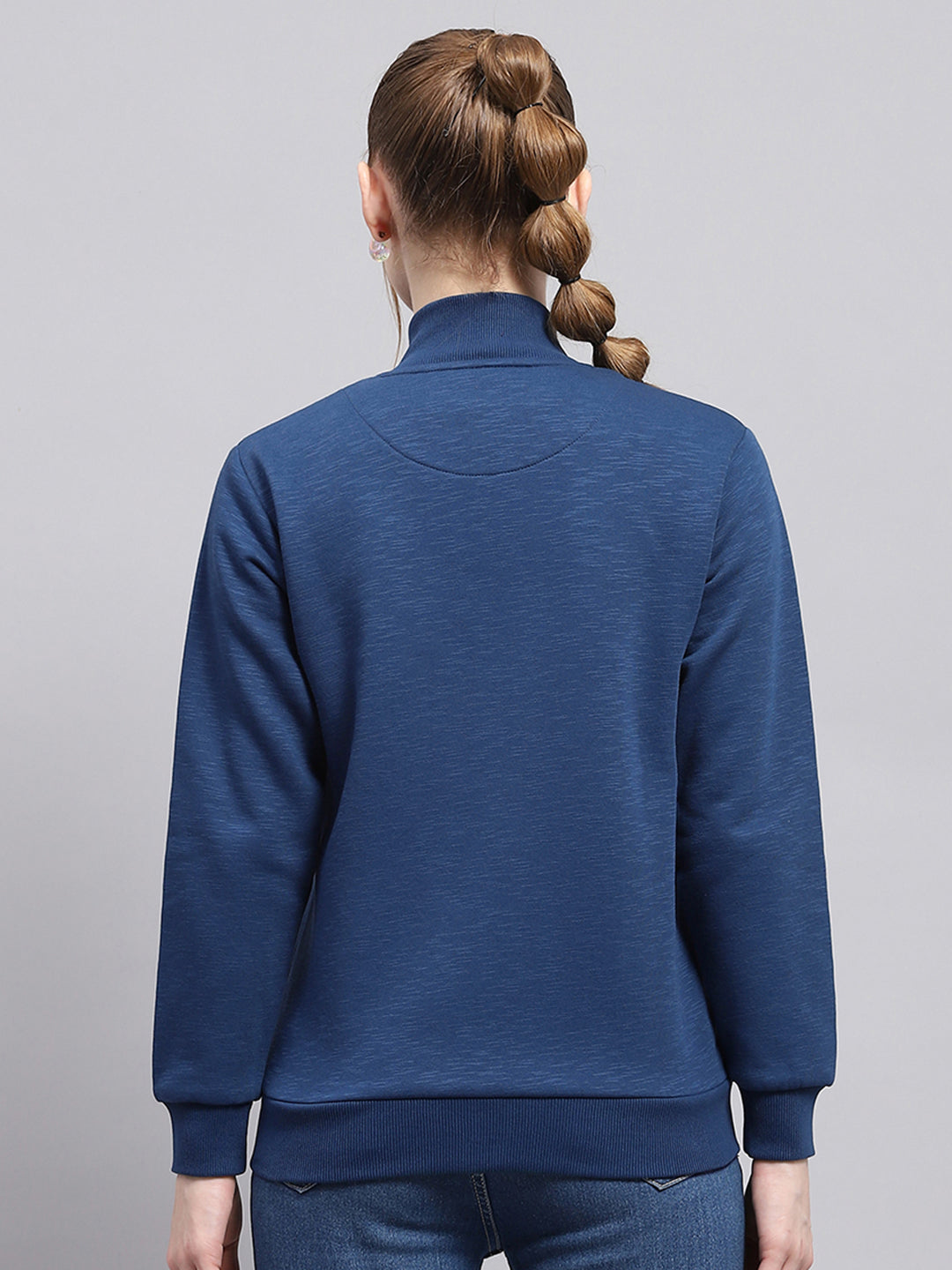 Women Blue Solid Mock Neck Full Sleeve Sweatshirt