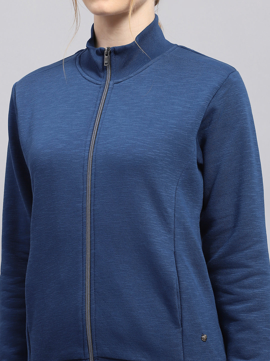 Women Blue Solid Mock Neck Full Sleeve Sweatshirt