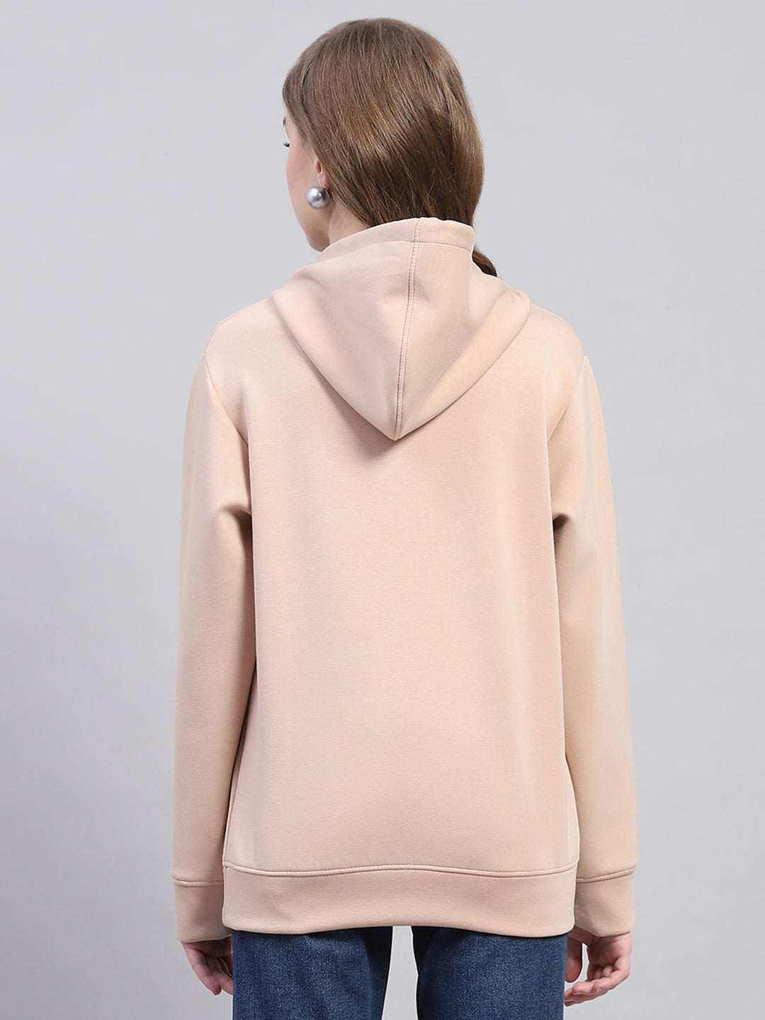 Women Beige Solid Hooded Full Sleeve Sweatshirt