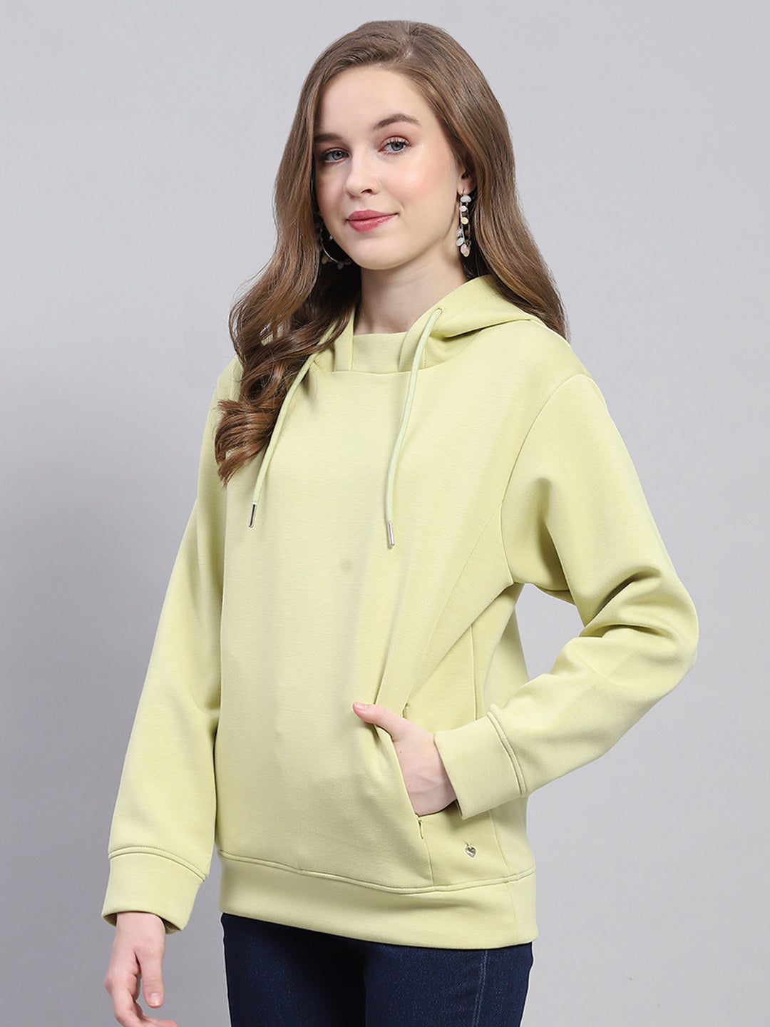 Women Green Solid Hooded Full Sleeve Sweatshirt