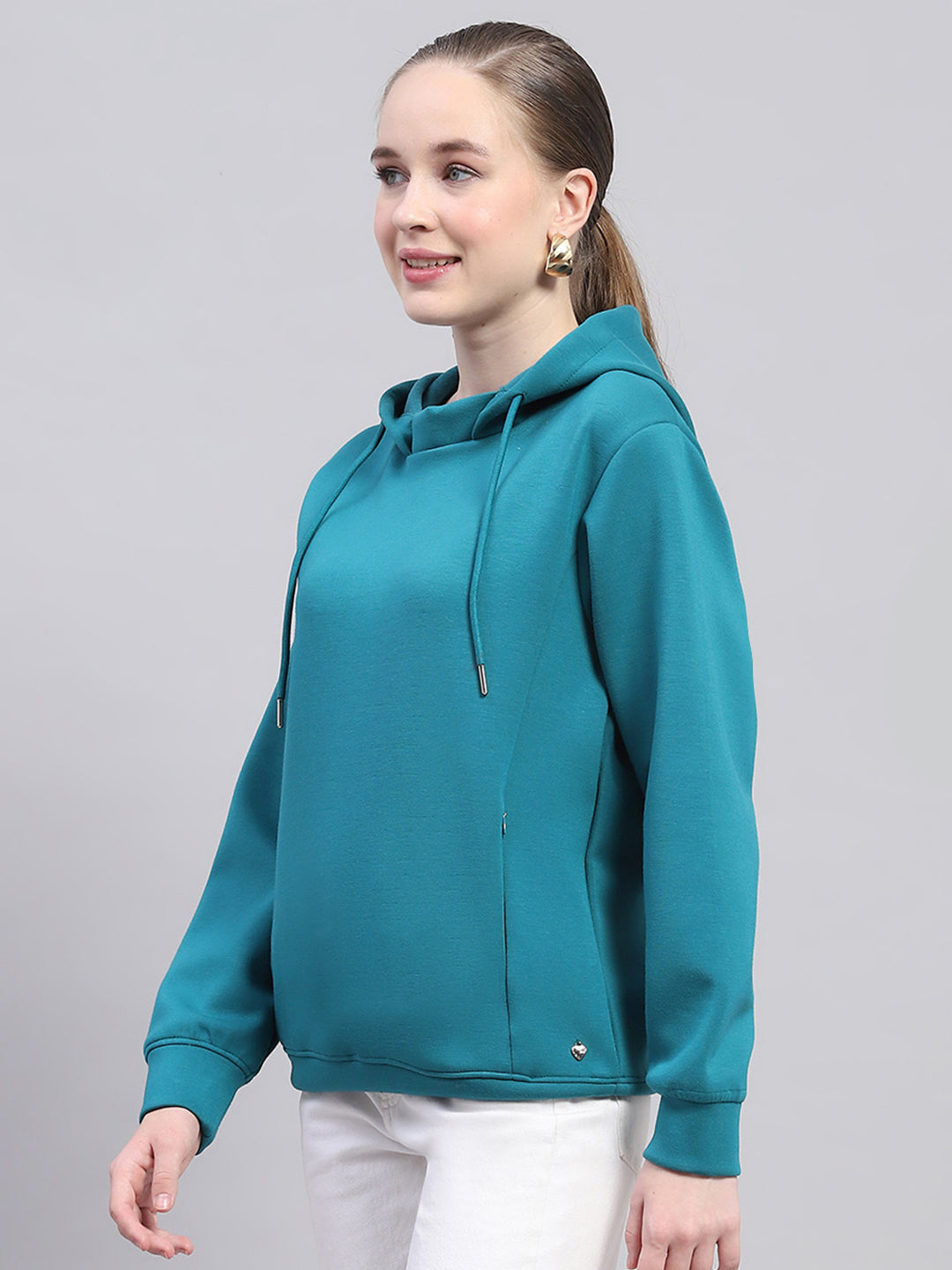 Women Teal Blue Solid Hooded Full Sleeve Sweatshirt