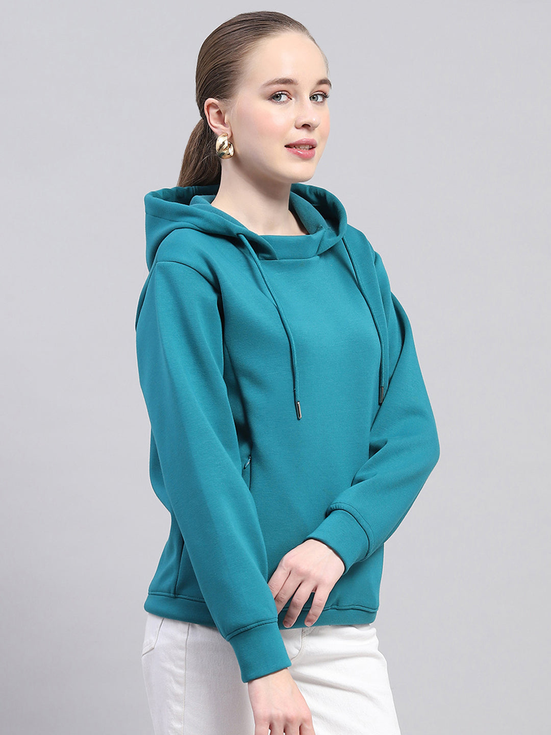 Women Teal Blue Solid Hooded Full Sleeve Sweatshirt