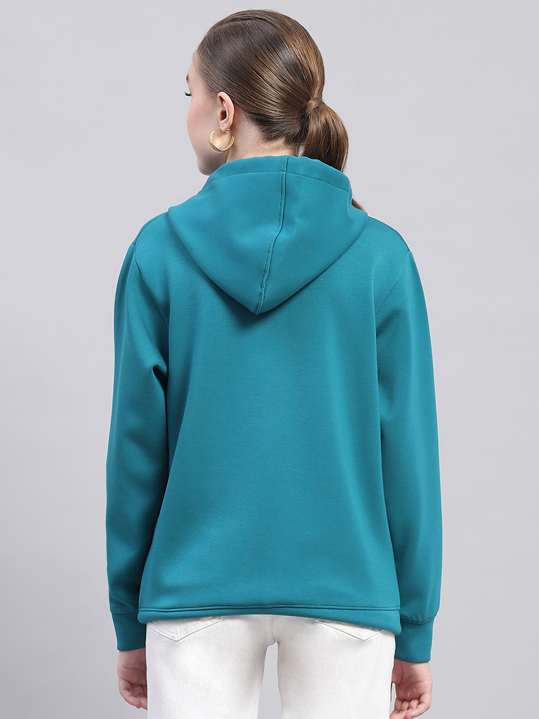 Women Teal Blue Solid Hooded Full Sleeve Sweatshirt