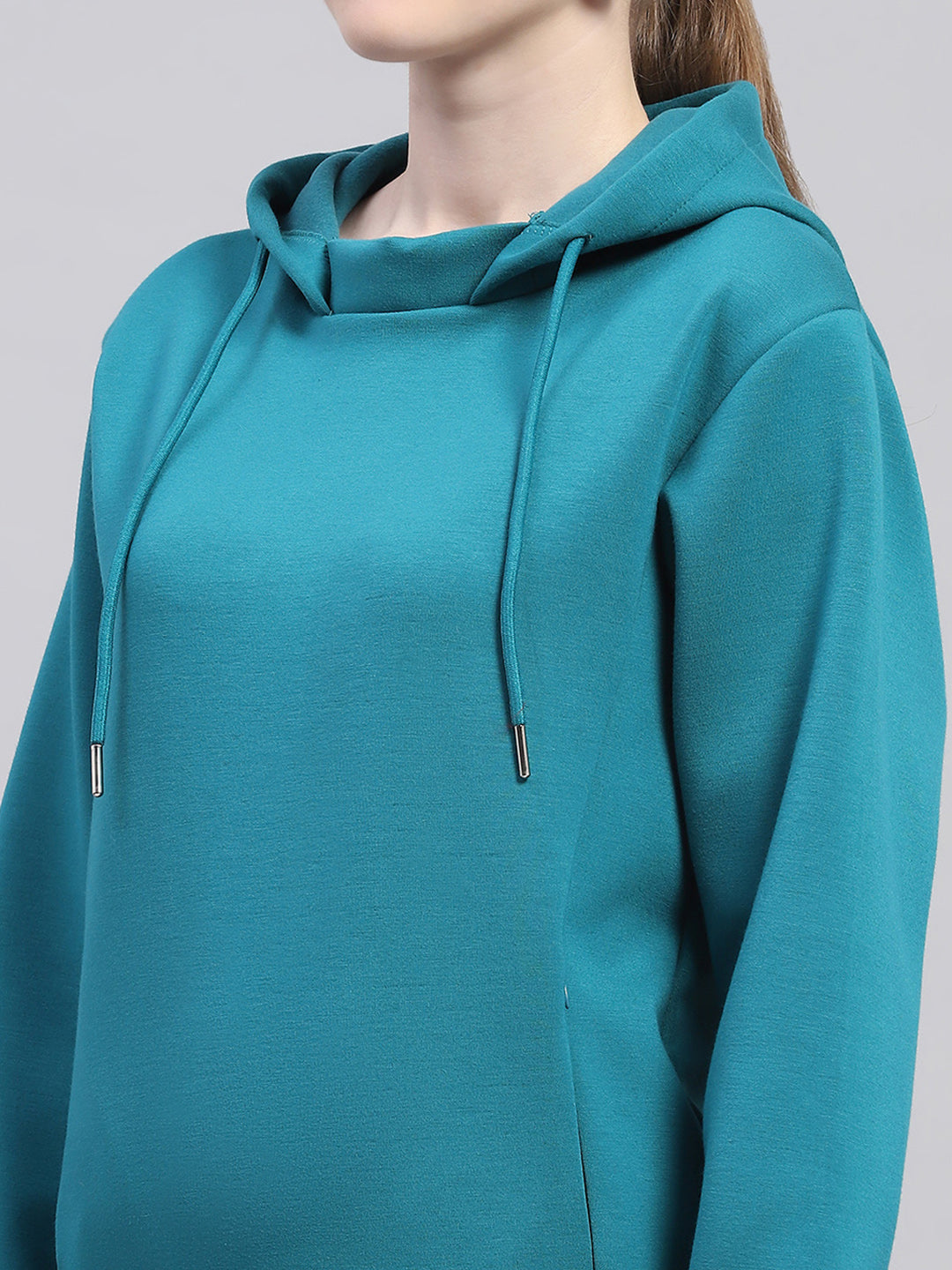 Women Teal Blue Solid Hooded Full Sleeve Sweatshirt