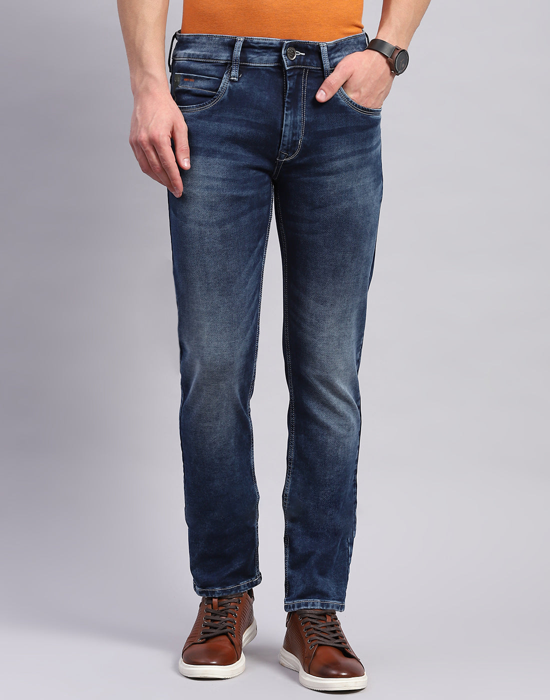 Men Blue Light Wash Narrow Fit Denim