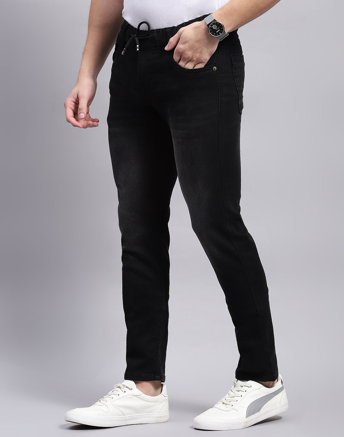 Men Black Light Wash Regular Fit Denim