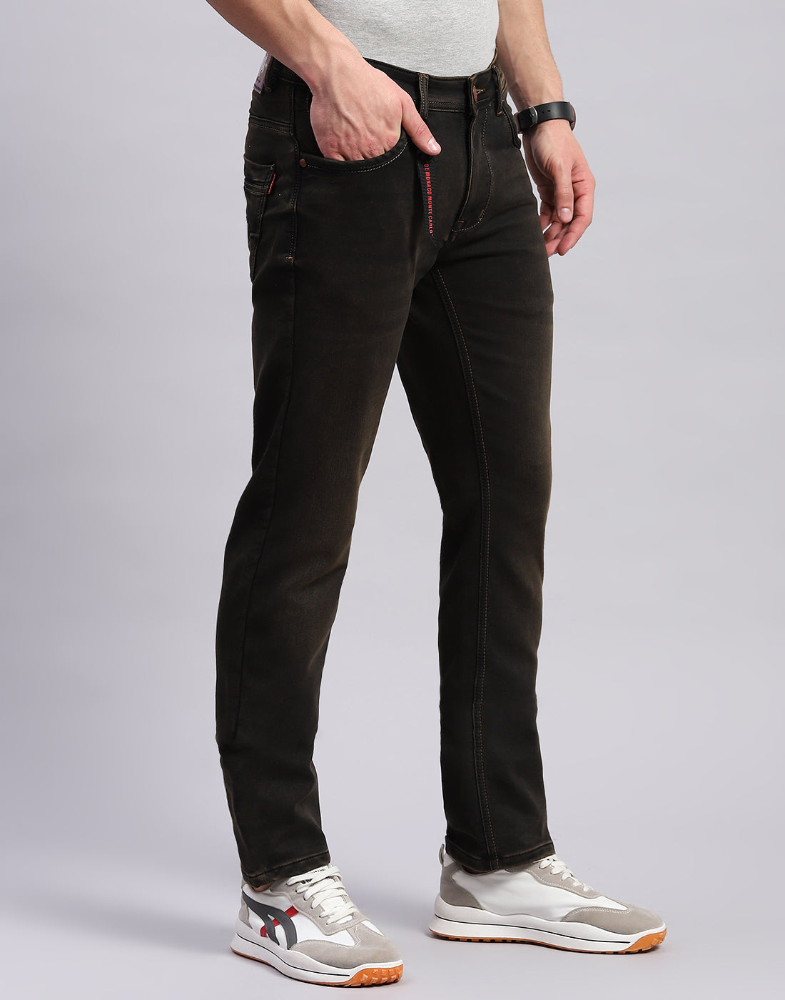 Men Brown Light Wash Narrow Fit Denim