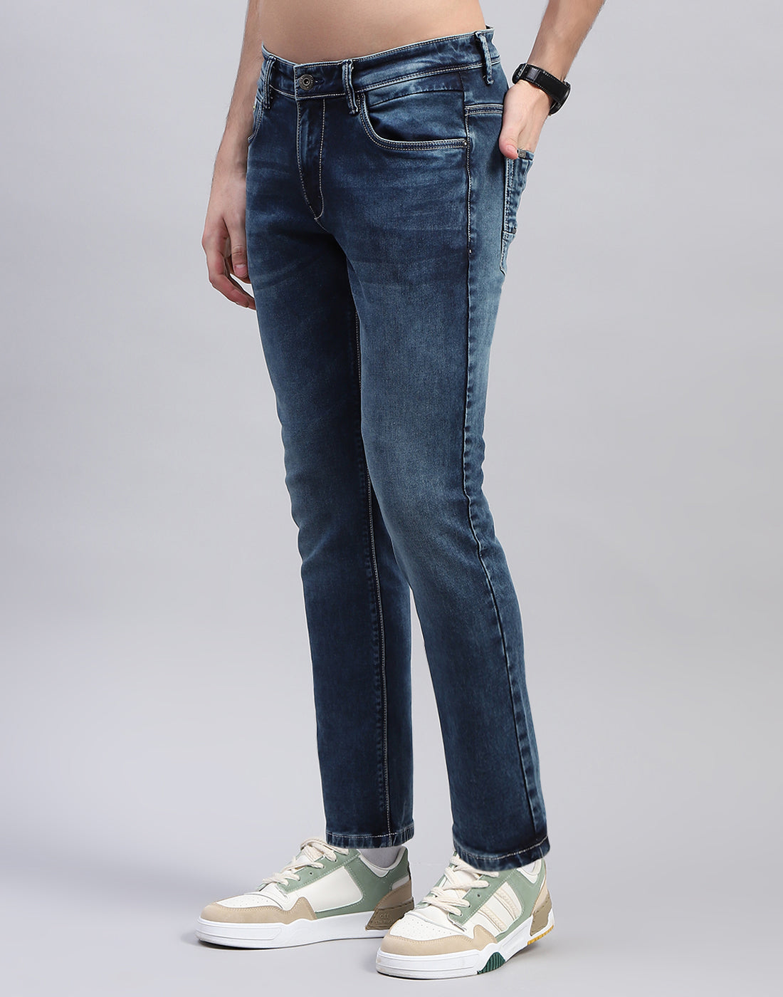 Men Blue Solid Ankle Length Denim