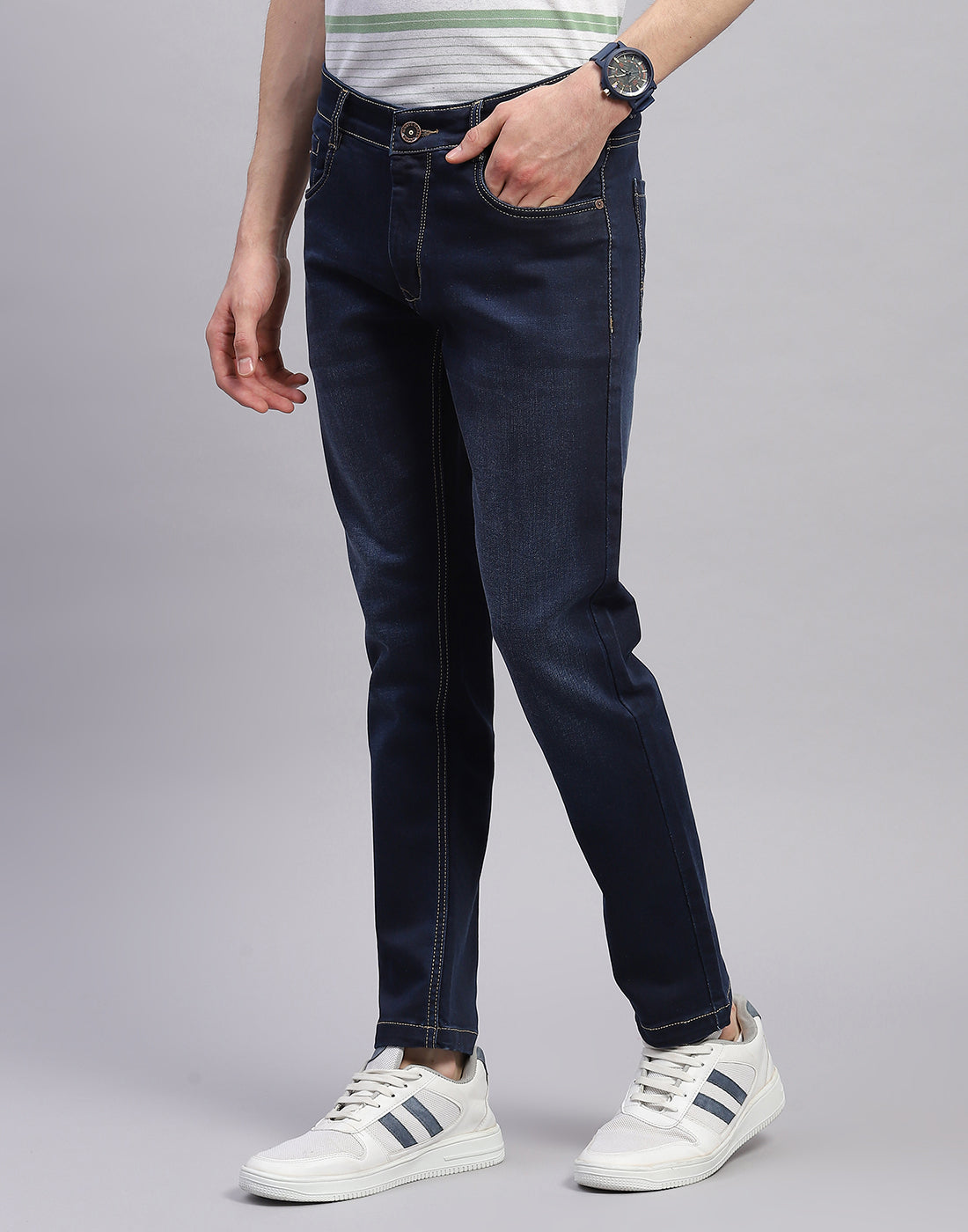 Men Blue Light Wash Ankle Length Denim