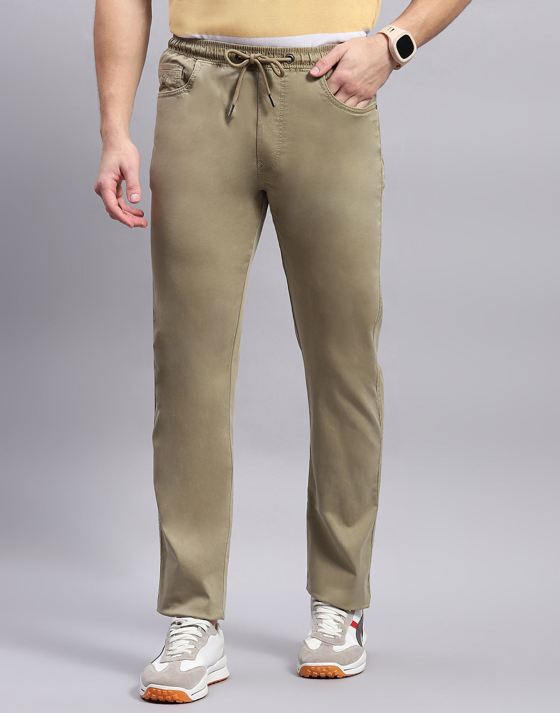 Men Khaki Solid Regular Fit Lower