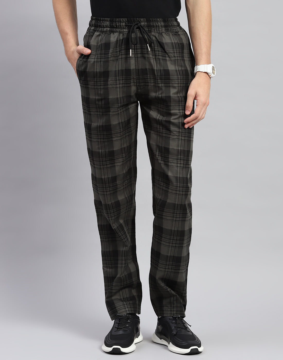 Men Olive Check Regular Fit Lower