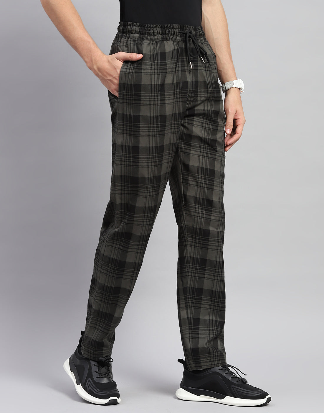Men Olive Check Regular Fit Lower