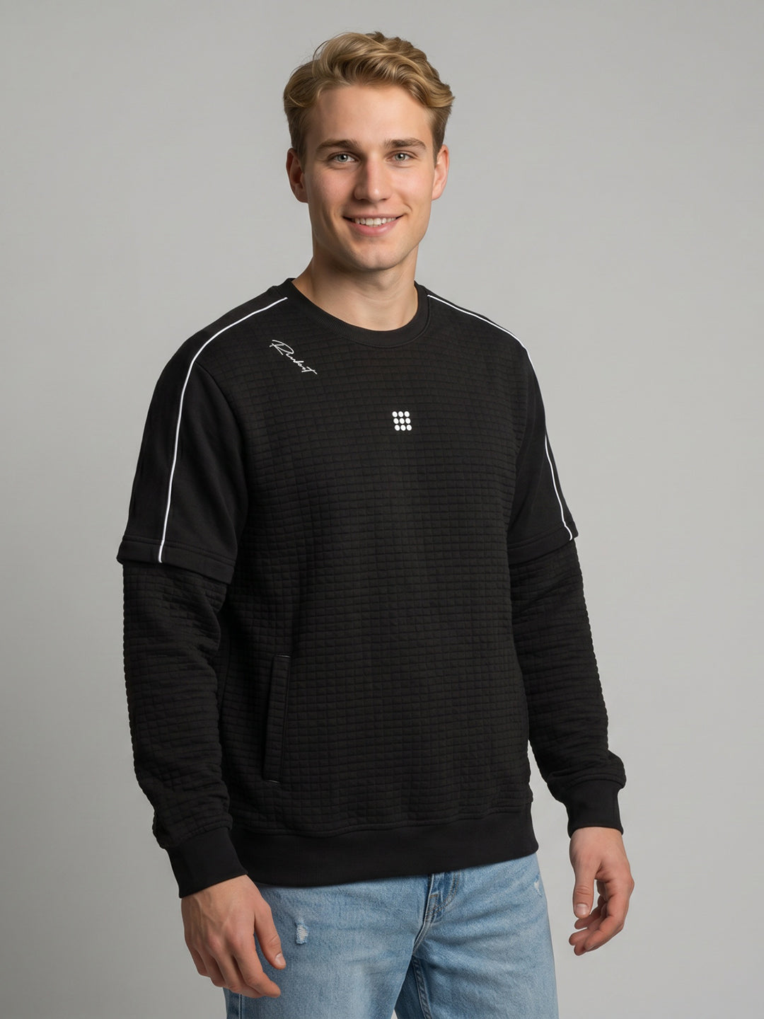 Rock.it Men Black Self Design Round Neck Full Sleeve Sweatshirt