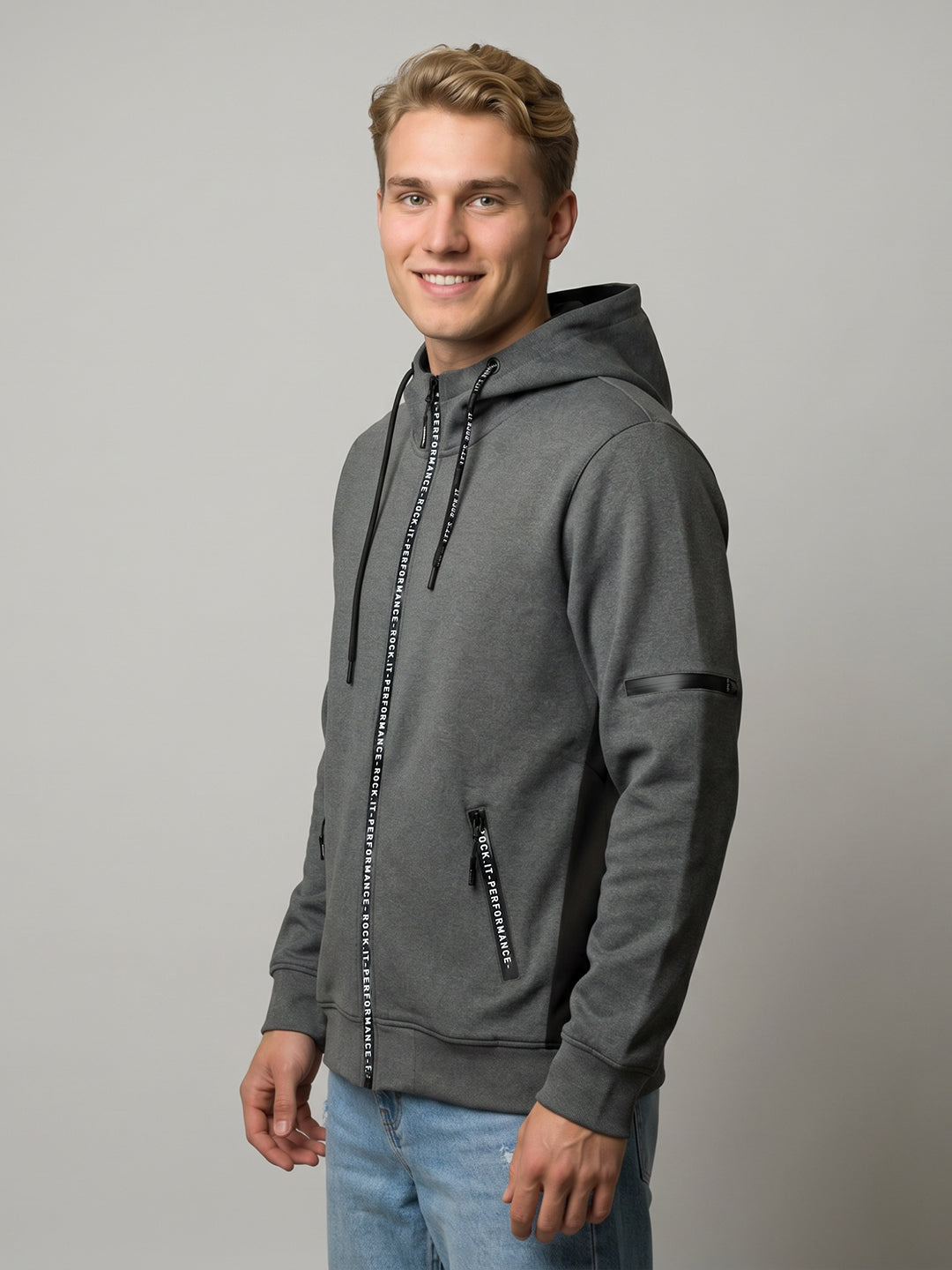 Rock.it Men Charcoal Solid Hooded Full Sleeve Sweatshirt