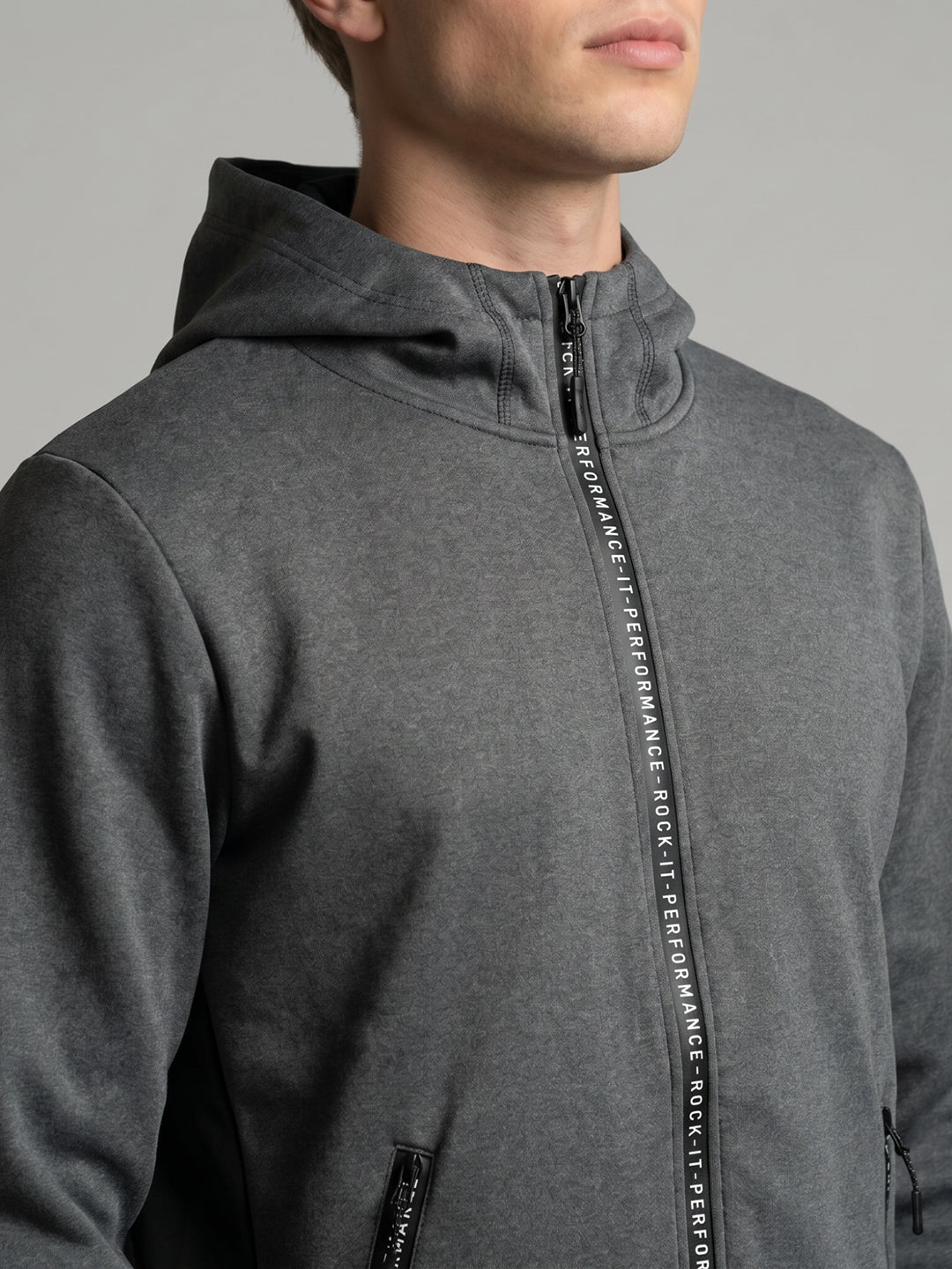 Rock.it Men Charcoal Solid Hooded Full Sleeve Sweatshirt