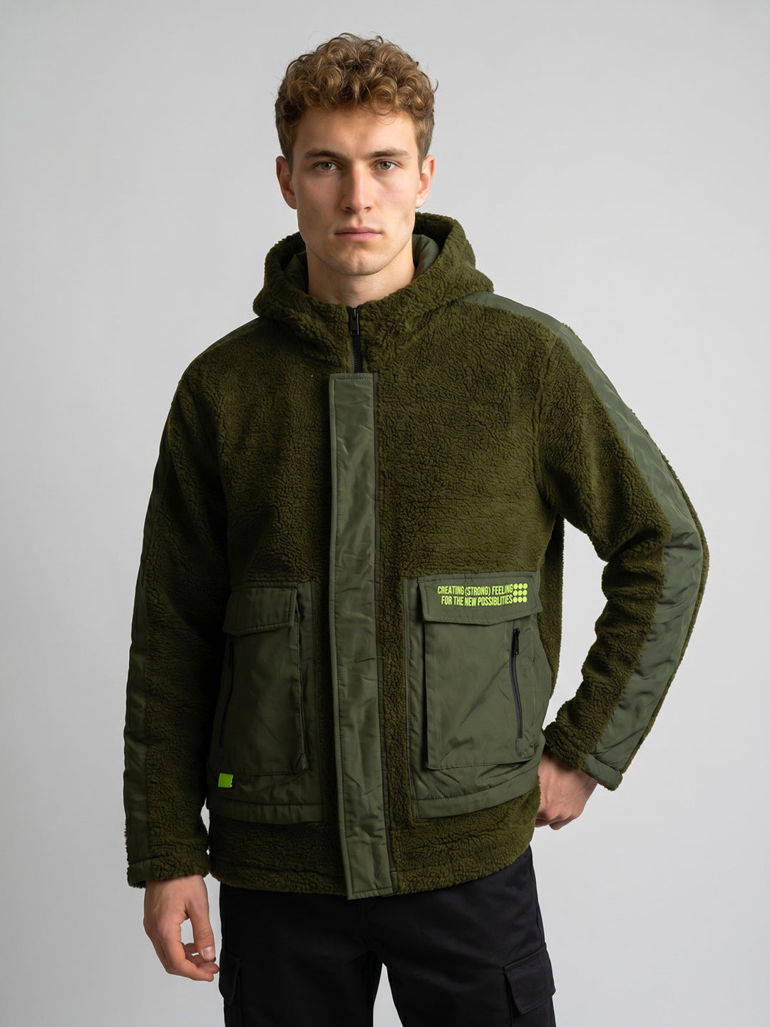 Rock.it Men Olive Solid Hooded Full Sleeve Sherpa Jacket