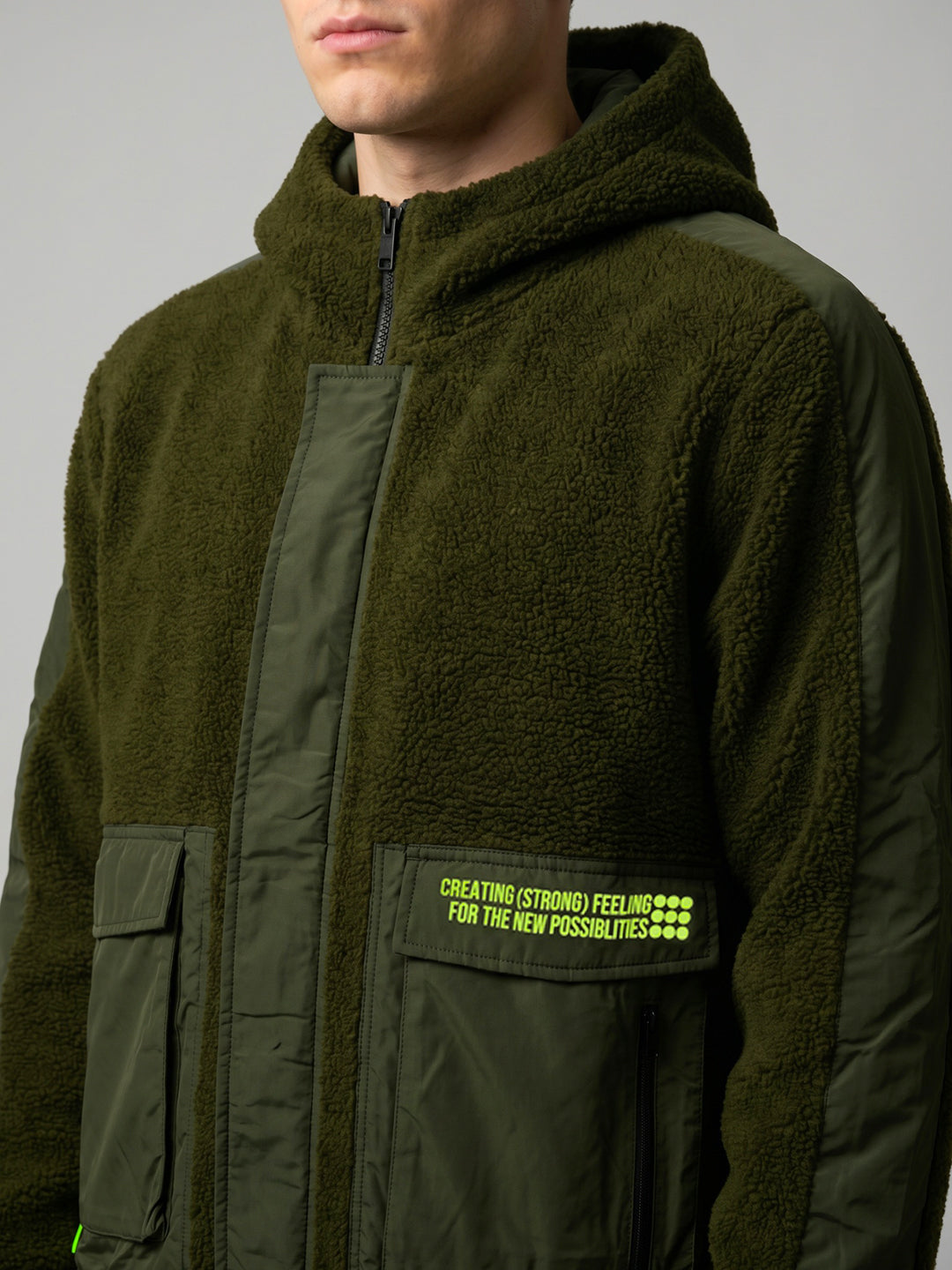 Rock.it Men Olive Solid Hooded Full Sleeve Sherpa Jacket