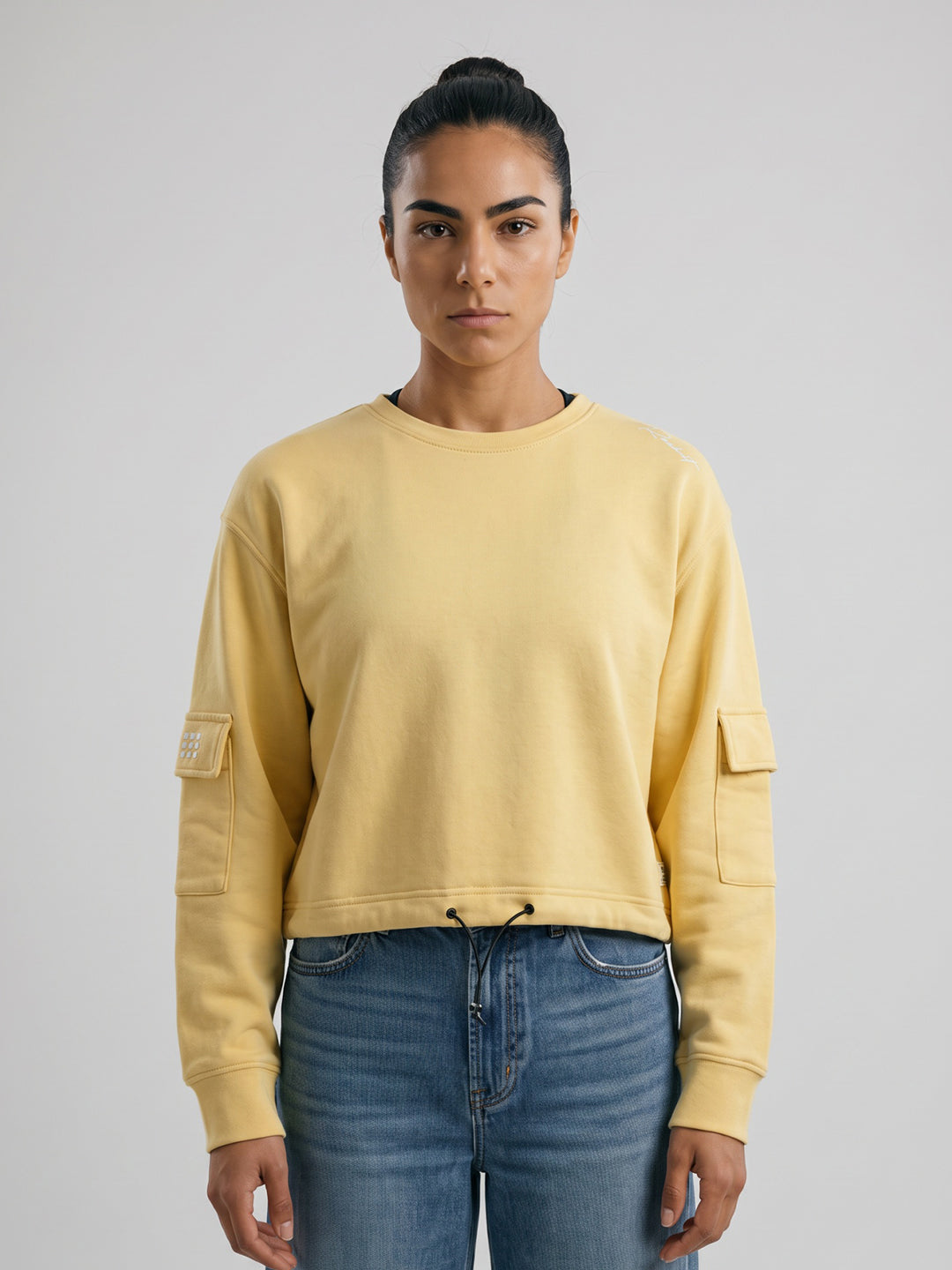 Rock.it Women Yellow Solid Round Neck Full Sleeve Sweatshirt