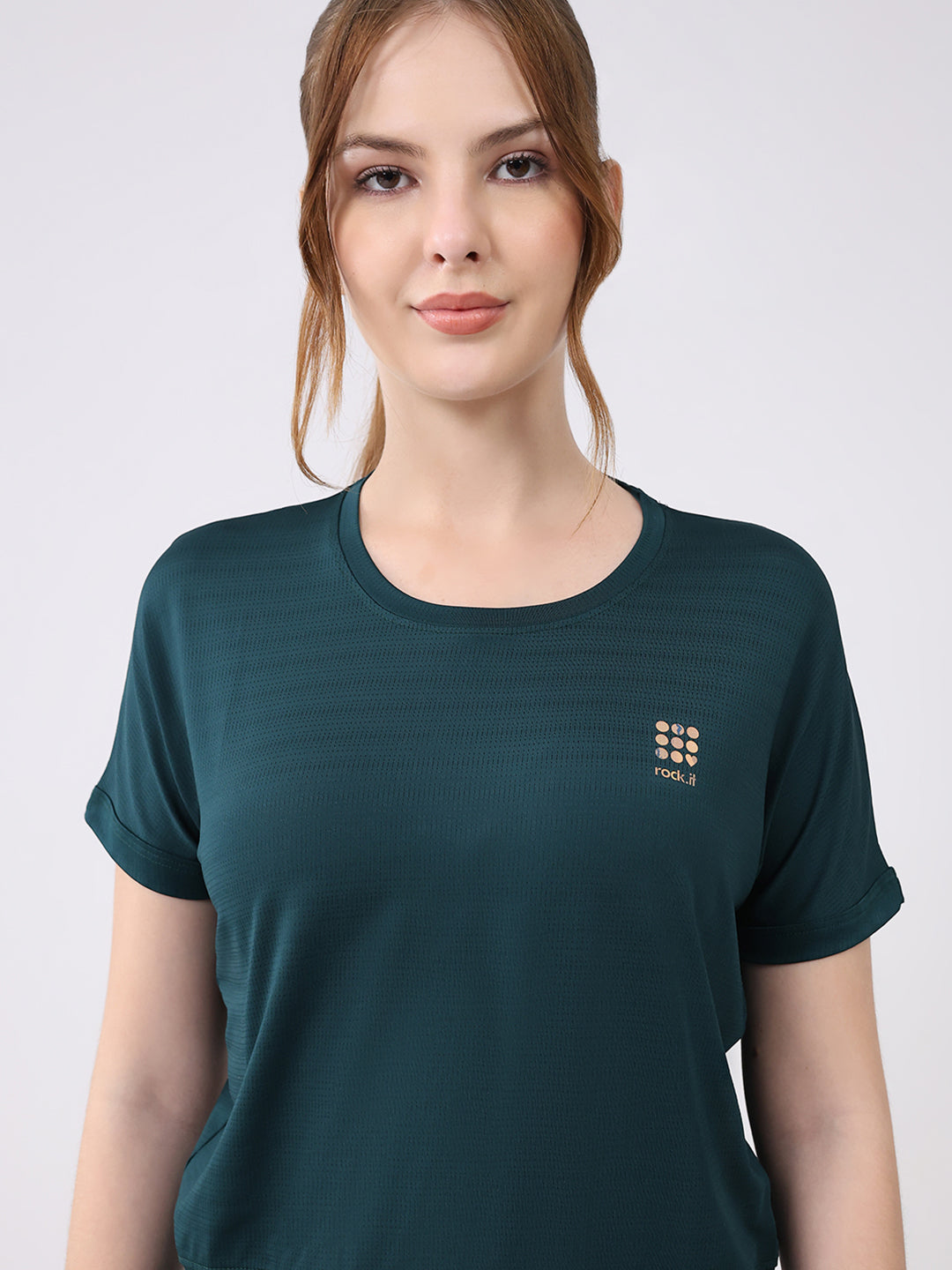 Rock.it Women Green Solid Round Neck Half Sleeve Top