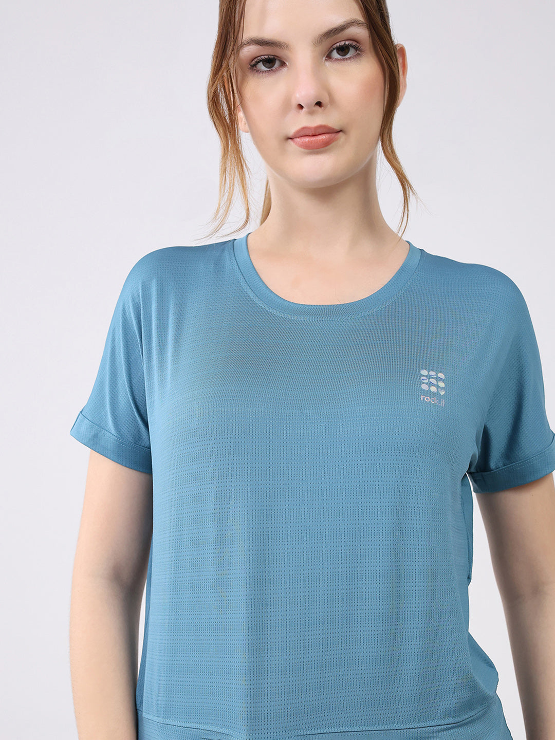 Rock.it Women Blue Solid Round Neck Half Sleeve Top
