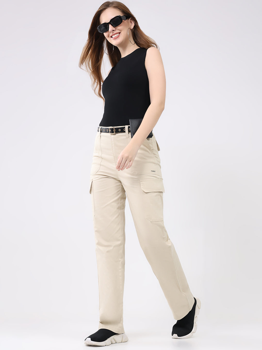 Rock.it Women Beige Solid Straight Fit Cargo