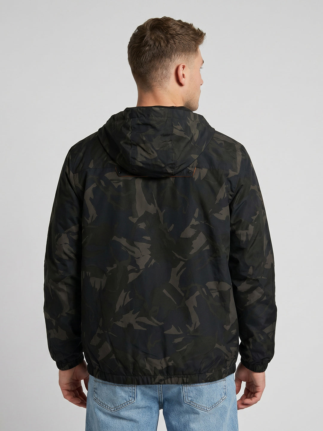 Men Black Camouflage Hooded Full Sleeve Windcheater Jacket