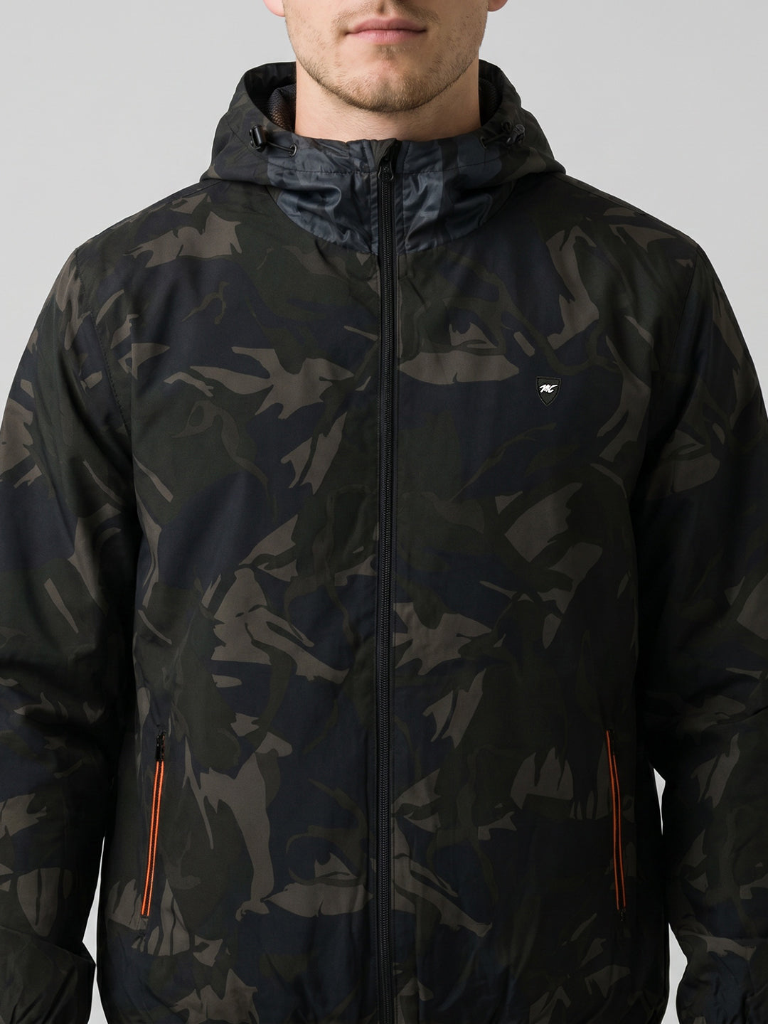 Men Black Camouflage Hooded Full Sleeve Windcheater Jacket