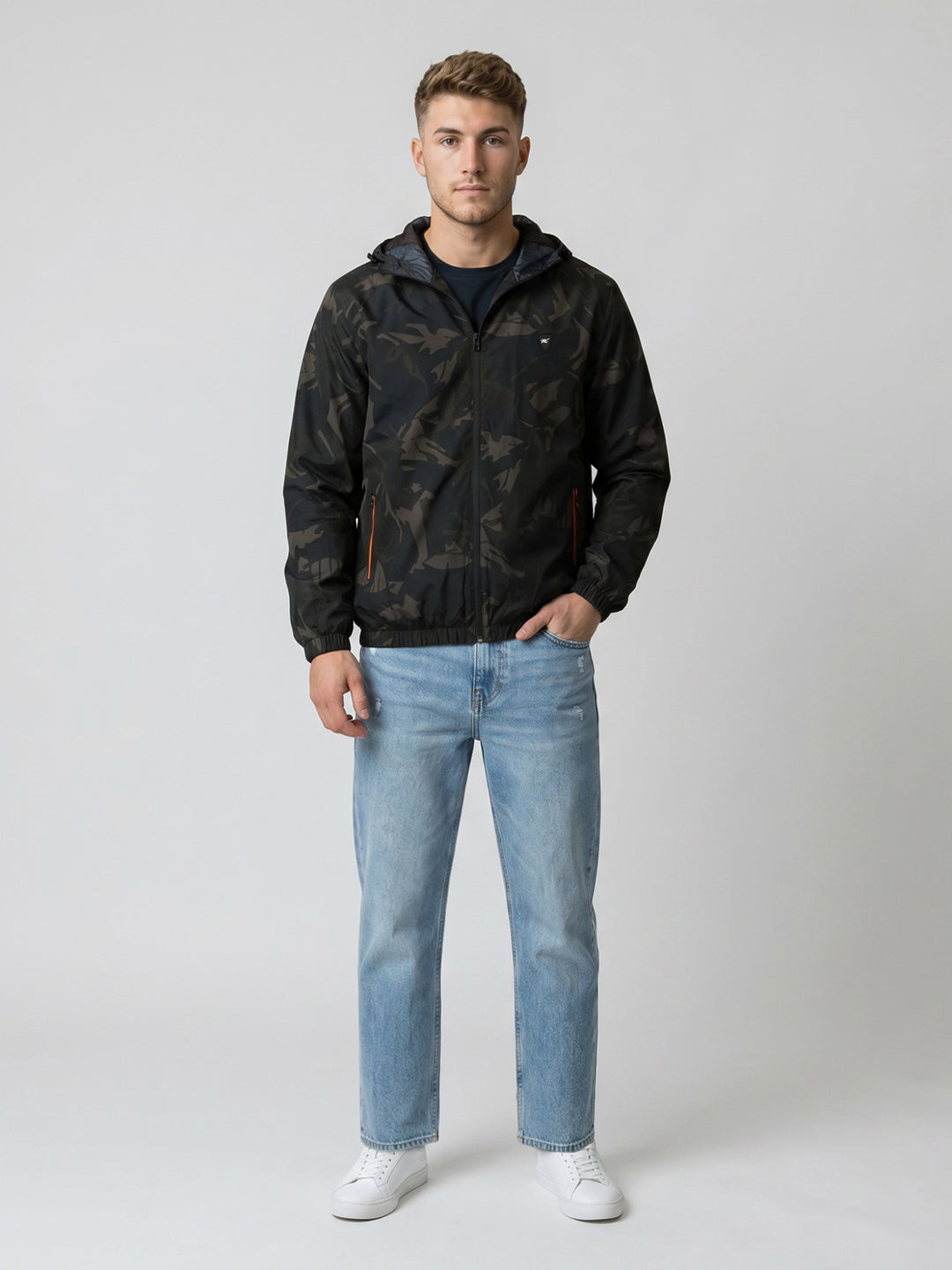 Men Black Camouflage Hooded Full Sleeve Windcheater Jacket