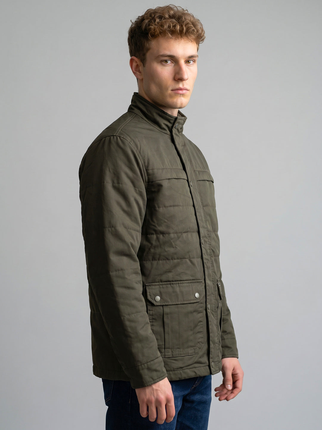Men Charcoal Solid Collar Full Sleeve Parka Jacket