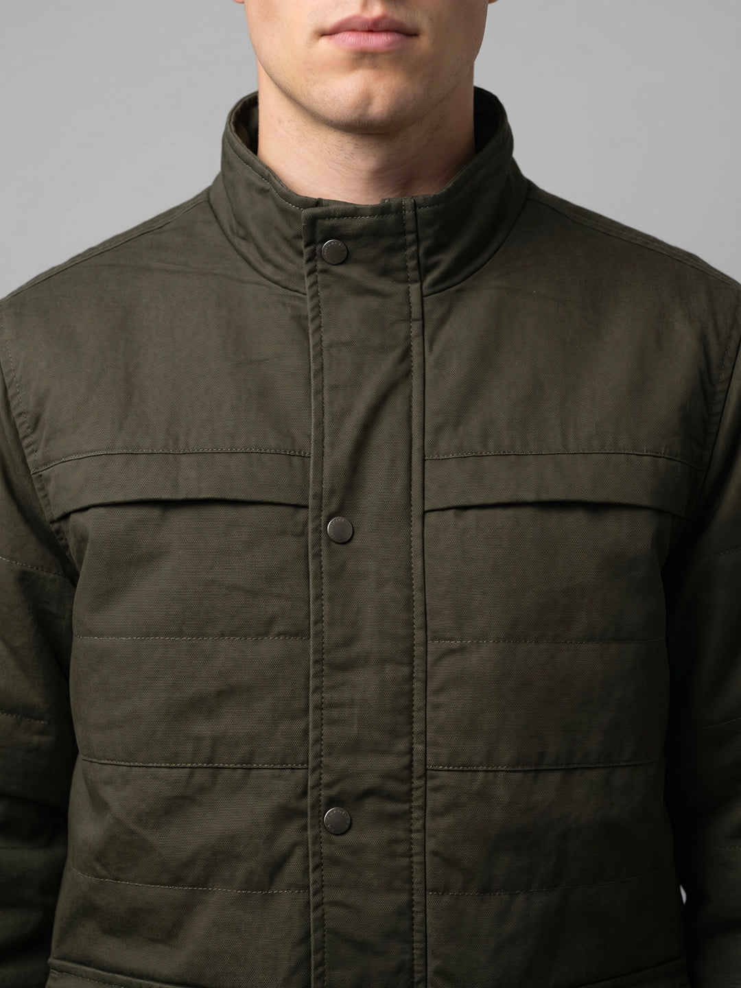 Men Charcoal Solid Collar Full Sleeve Parka Jacket