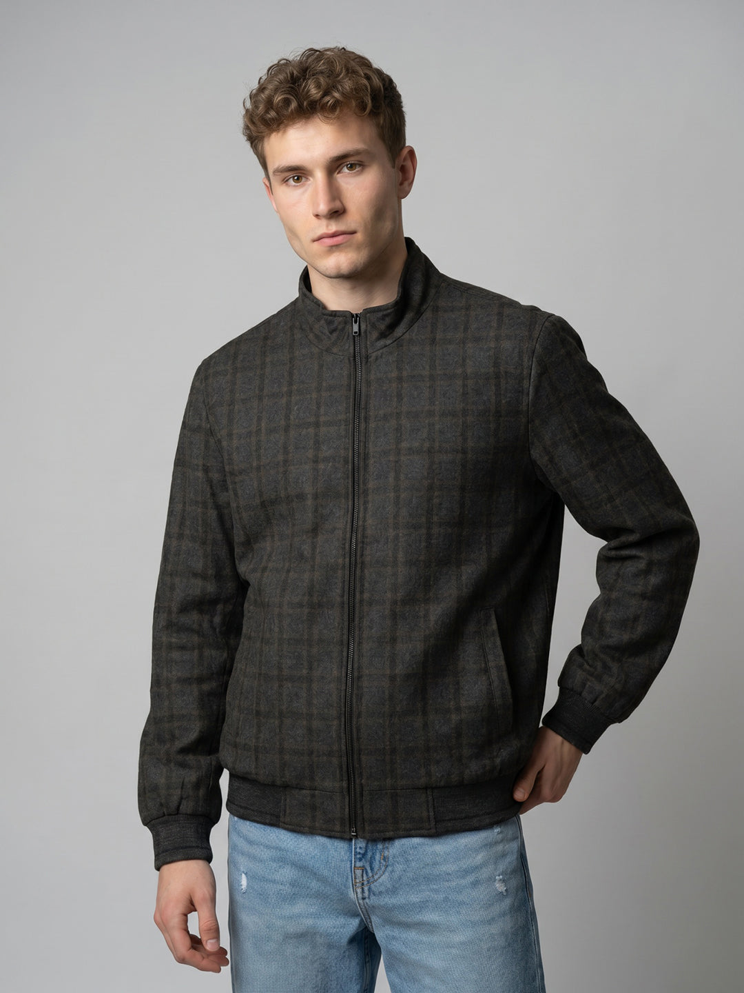 Men Grey Self Design Mandarin Collar Full Sleeve Coat