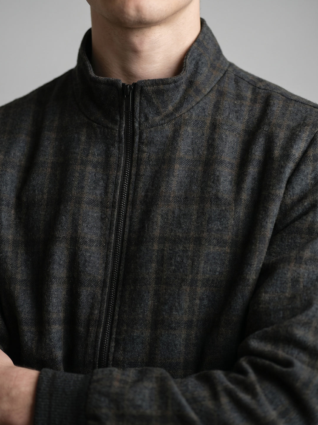 Men Grey Self Design Mandarin Collar Full Sleeve Coat