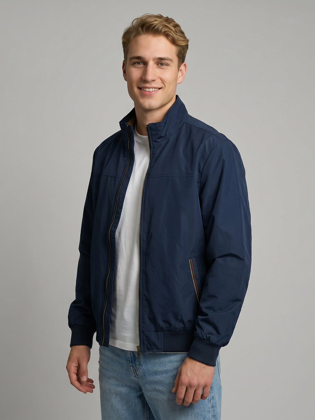 Men Navy Blue Solid Collar Full Sleeve Bomber Jacket