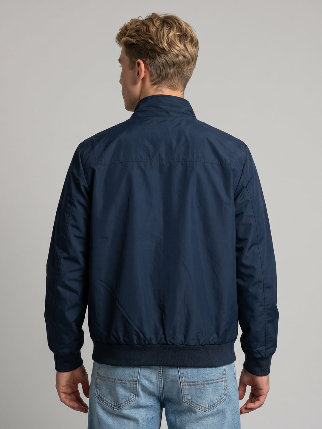 Men Navy Blue Solid Collar Full Sleeve Bomber Jacket
