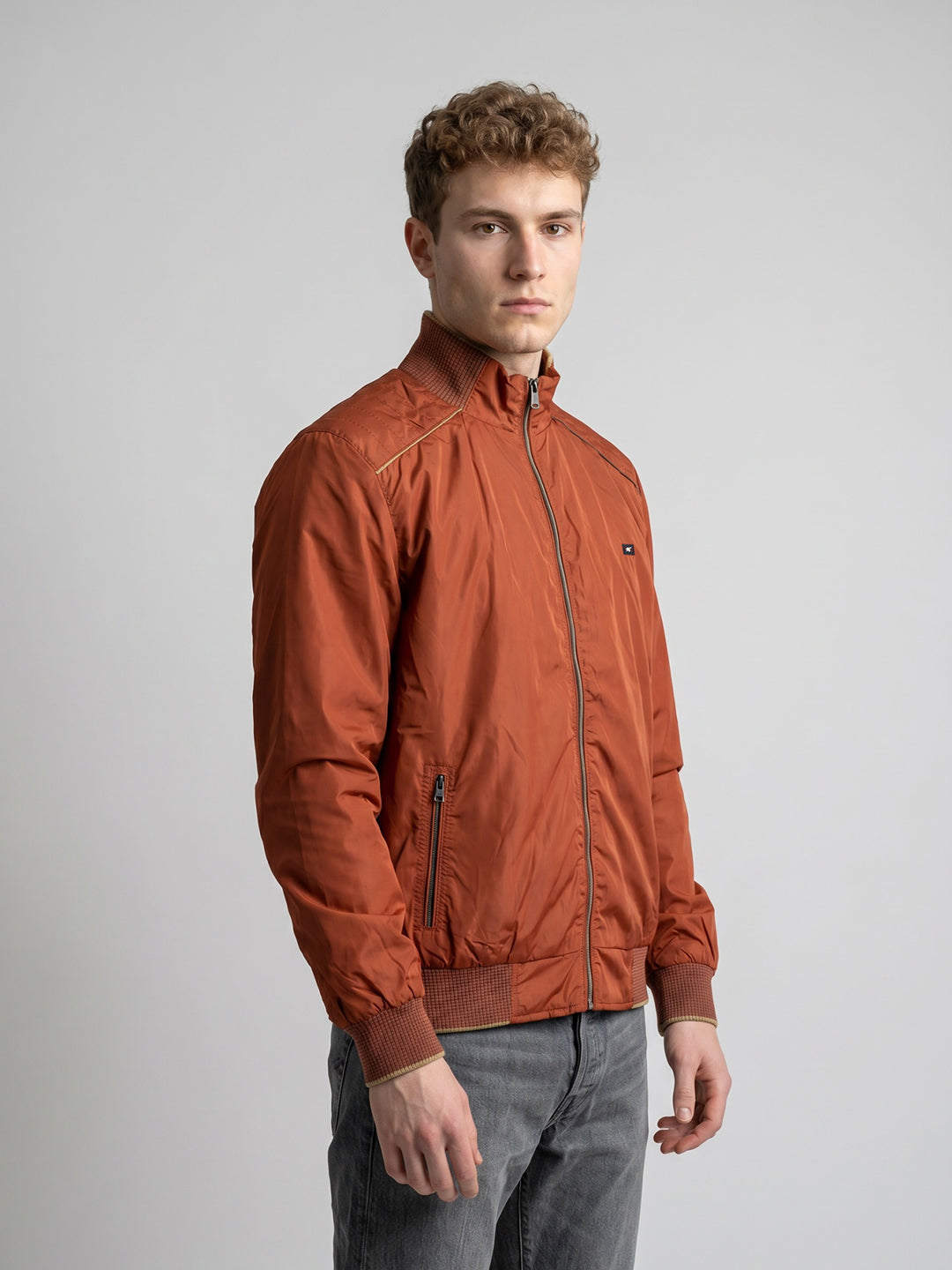 Men Rust Solid Collar Full Sleeve Bomber Jacket