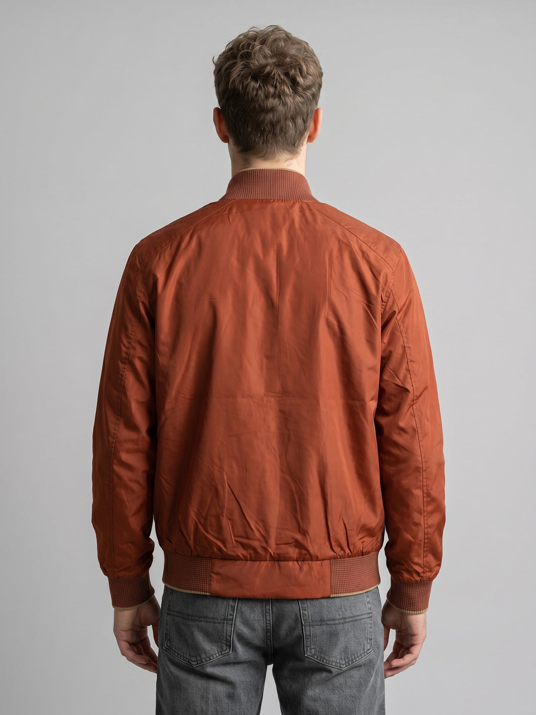 Men Rust Solid Collar Full Sleeve Bomber Jacket