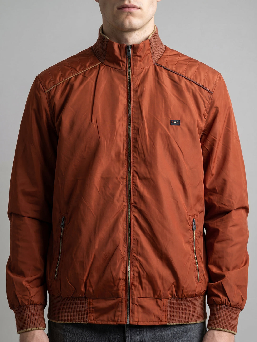 Men Rust Solid Collar Full Sleeve Bomber Jacket
