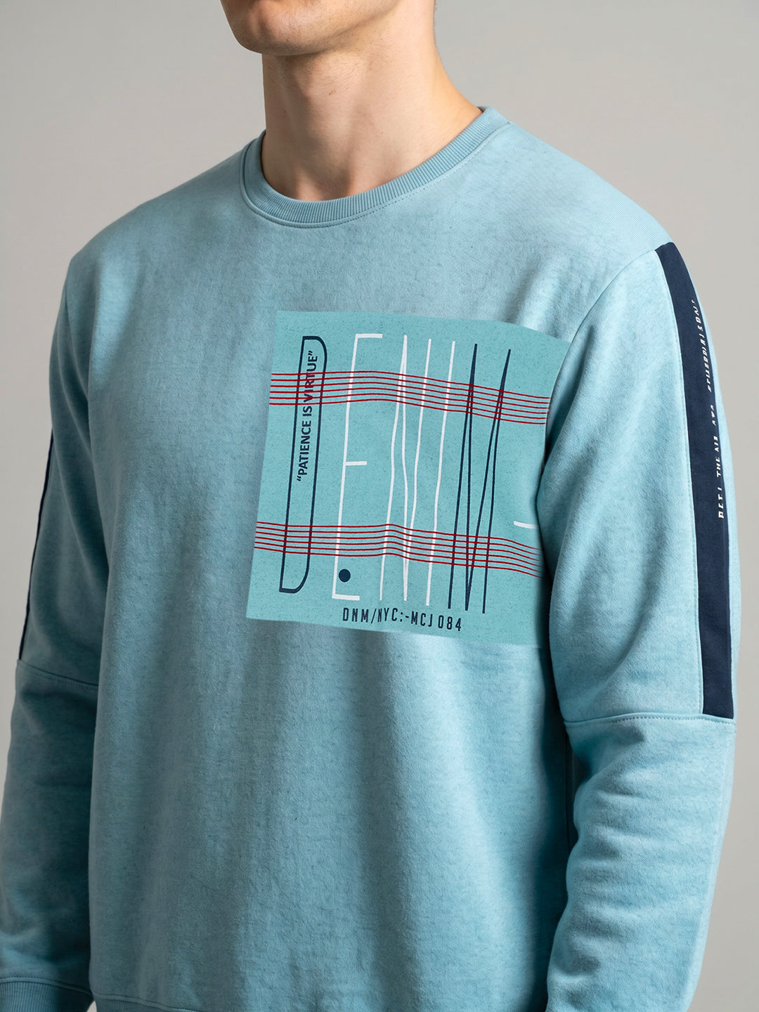Men Sky Blue Printed Round Neck Full Sleeve Sweatshirt