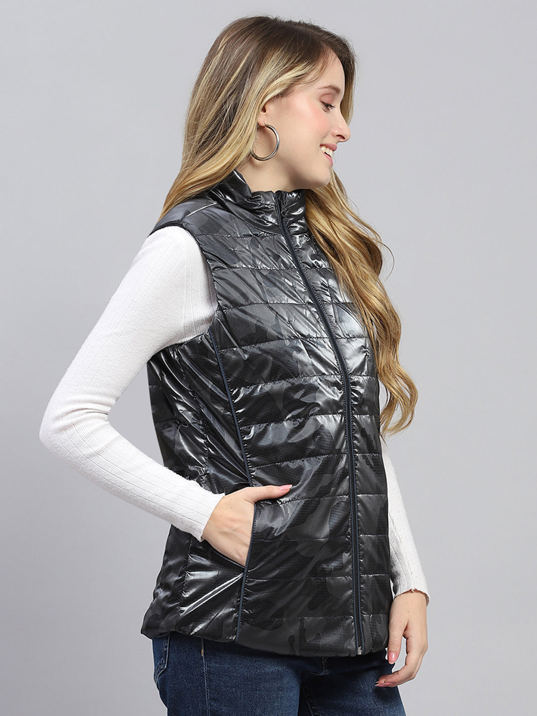 Women Navy Blue Solid Mock Neck Sleeveless Reversible Jacket